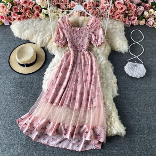 Korean Square Collar Floral Chiffon Dress Summer French Temperament Slim Midi Dress Women Fashion Mesh Patchwork Vestidos zh803