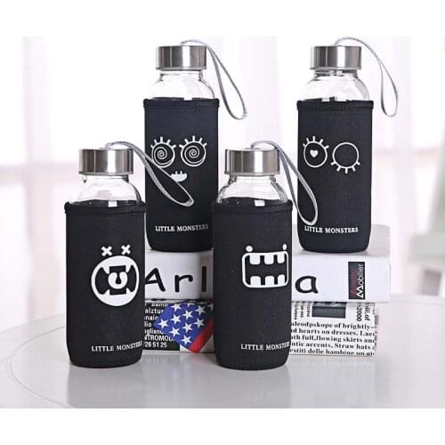 Creative Single-layer Glass Water Bottles Outdoor Sports Glass Cute Water Bottle White/back with Lid with Bag New