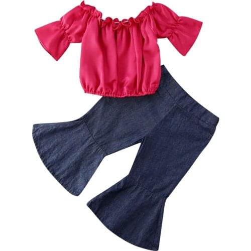 1-6Years Kids Girl Summer Clothes 2Pcs Baby Sets Off Shoulder T-Shirt Blue Denim Flare Pants Child Girl Outfits