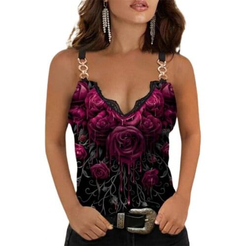 Summer Camisole Rose Print Lace Women Slim Sleeveless V Neck Vest for Dating tops for women fashion Black xxxxl