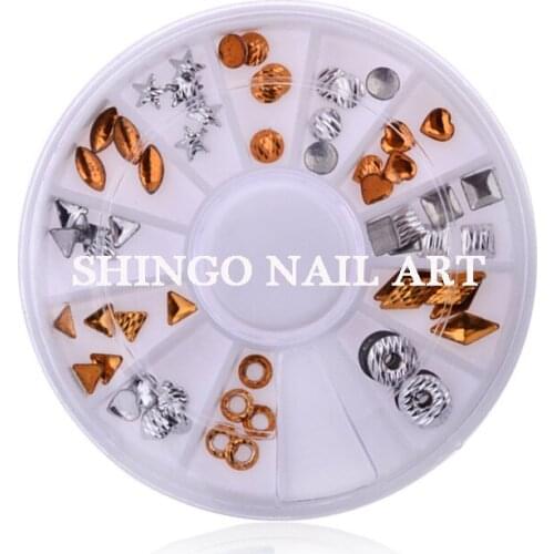 Fashion 1wheel 3D gold & silver metal nail stud/rivet mix heart square round triangle shape nail art diy decoration