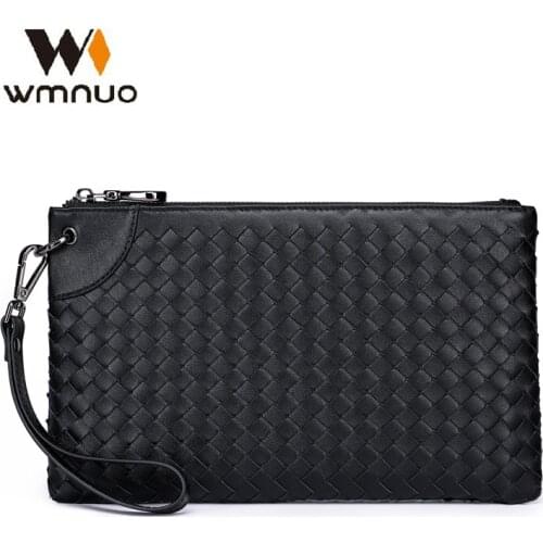 Wmnuo Mens Hand Bags Sheepskin Genuine Leather Day Clutches Male Large Purse For Man Weave Long Wallets Zipper 3 Size Big