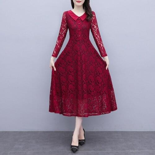 LUKAXSIKAX 2020 New Spring Autumn Women Long Sleeve Dress Plus Size M-5XL Dress High Quality Elegant Floral Lace Long Dress