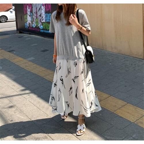 New Hong Kong style hit color floral loose short-sleeved dress slimming plus size stitching skirt women