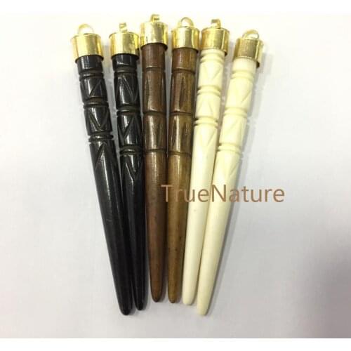 Resin Horn Pendant Engraving Spike Horn Charms Brass Electroplated Cap Charm 3 colors In 75*7 mm PM4026
