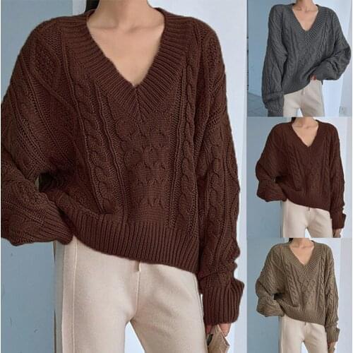 Hot kf-Womens Fashion Solid Color Linen Pattern V-Neck Long Sleeve Pullover Knit Sweater One Size