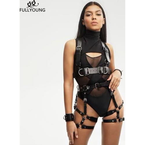 Fullyoung Sexy Goth Garter Harness Womens Leather Suspenders Body Bondage Cage Belt Lingerie Clothing Punk Underwear Stocking