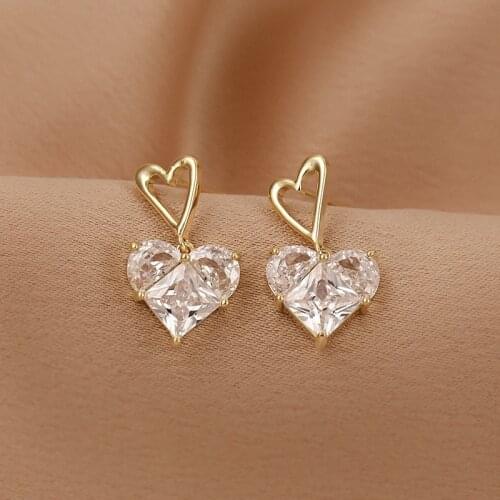 Cute Love Heart Zircon Dangle Earrings Classic Female White Crystal Drop Earrings Vintage Gold Color Wedding Earrings For Women