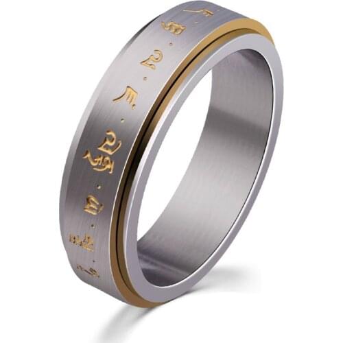 Titanium Steel Yellow God of Wealth Ring Transfer Heart Mantra Ring Rotatable Fortune Charm Jewelry