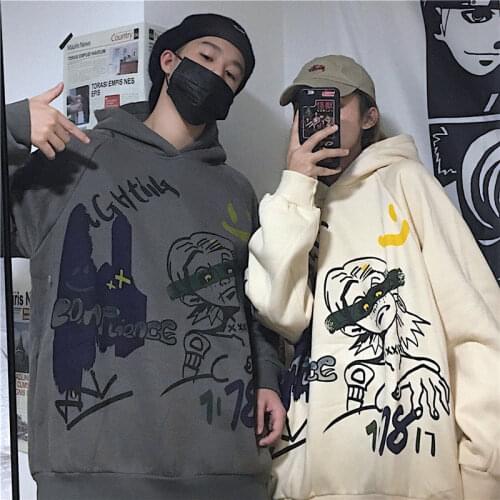 HOUZHOU Harajuku Oversize Anime Women&men Hoodies Hippie Winter Warm Gray Pullover Streetwear Couple Casual Autumn Hooded Velvet