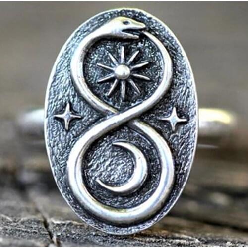 Vintage Engraving Sun Moon Star Python Pattern Ring For Women Retro Punk Engagement Finger Ring Fashion Party Wedding Jewelry