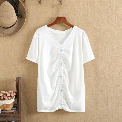 Plus Size Women Clothing V-Neck Short Sleeves Knitted Cotton T-Shirt Extraction Pleat And Button Decoration For Fatwomen Summer