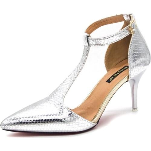 Vogue Elegant PU Women Sandals Sexy Pointed Toe High Heels 7CM Dress Party Shoes OL Pump Valentine Shoes Silver Wedding Shoes