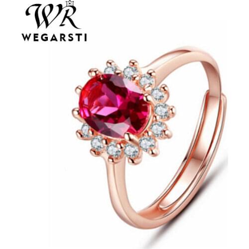 WEGERSTI Hot Rose Gold Flower Resizable 925 Silver Jewelry Red Zircon Stone Engagement Wedding Ring Womens Gift Fine Jewelry