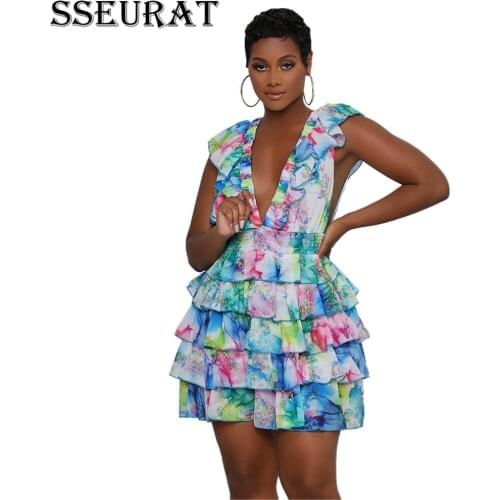 SSEURAT Summer Fashion Women Elegant Floral Printed Dress V- Neck Ruffle Sleeveless Open Back Layered Hem Cake Dress