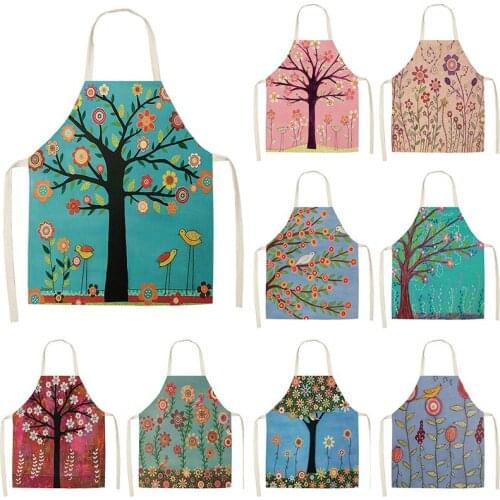 1Pc Tree Flower Owl Kitchen Aprons For Women Cotton Linen Bibs Household Cleaning Pinafore Home Cooking Apron 53*65cm
