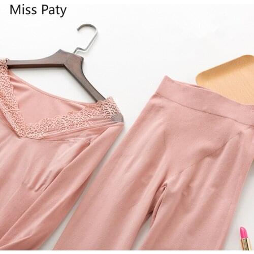 2 Pcs Lace long sleeve johns cotton clothes for winter womens warm thermal shirt underwear set slim soft thick seamless shape