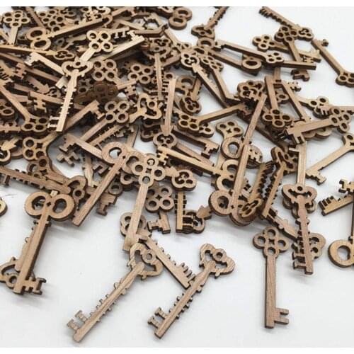 50pcs 1.57inch Wooden Keys Cutouts Kids DIY Wooden Slice Scrapbooking Embellishments DIY Craft Decor
