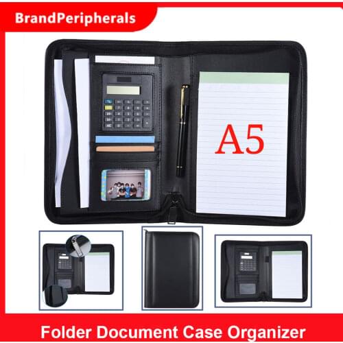 Portable Business Portfolio Padfolio Folder Document Case Organizer A5 PU Leather Zippered Closure Calculator Card Holder Memo