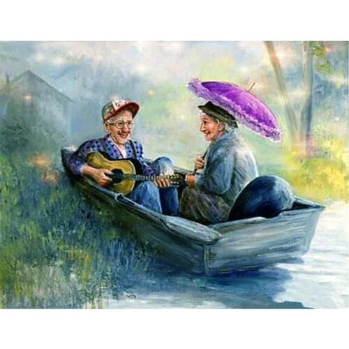 DIY 5D Diamond Painting Old Couple on The Boat Cross Stitch Full Round Drill Diamond Embroidery Mosaic Cartoon Rhinestones Decor