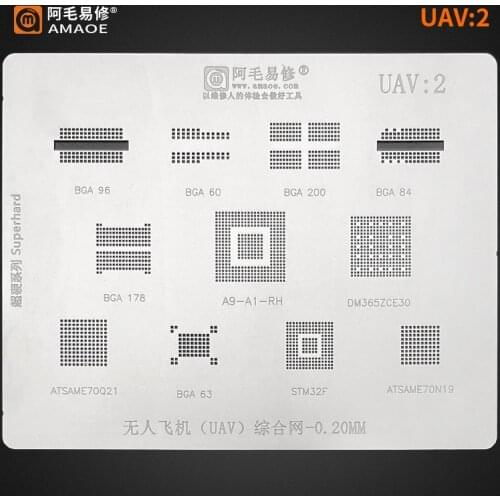 AMAOE UAV BGA Reaballing Stencil UAV2 for BGA96/60/200/84/63/178 A9-A1-RH DM365ZCE30 STM32F ATSAME70Q21 ATSAME70N19 Steel Mesh
