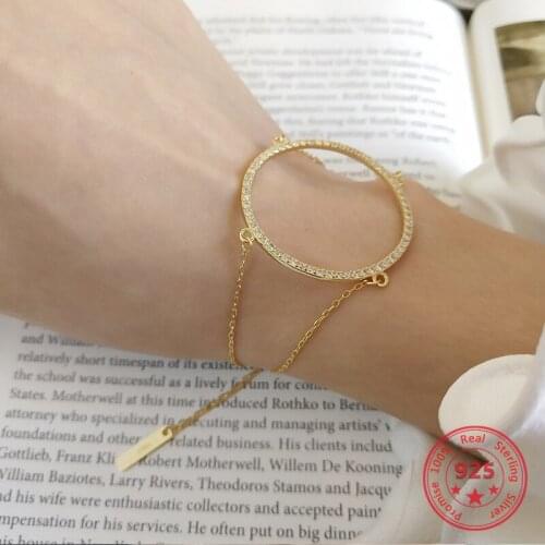 Pure 925 Silver European American New Design Creative Concise Chic Zircon Gold Plated Link Chain Bracelets Fine Jewelry