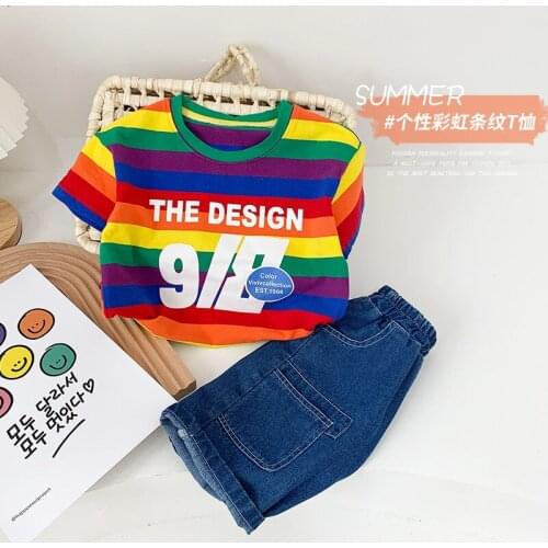 Toddler Boys T Shirt Summer Kids Korean Casual Loose T Shirt Fashion Rainbow Striped Thin Soft Tee for Boys 2-7 Y Child Clothes