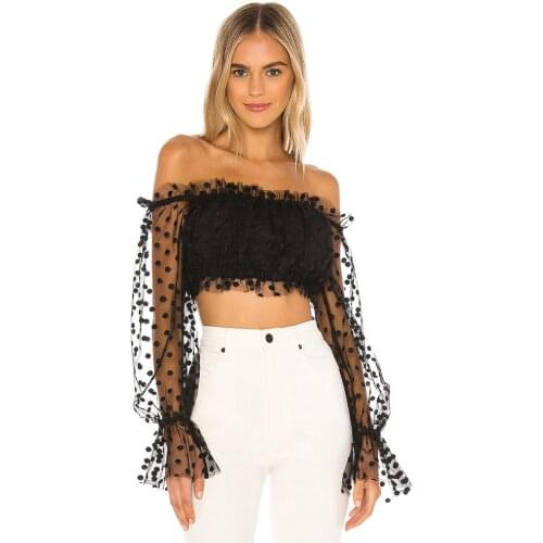 Sweet Girl Polka Dot Lantern Long-sleeved Halter Shirt Word Collar Mesh Shirt Exposed Navel Short Dress Sexy Unique Temperament