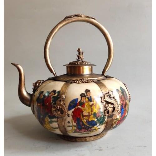 China archaize White copper mosaic ceramic beauty teapot crafts statue