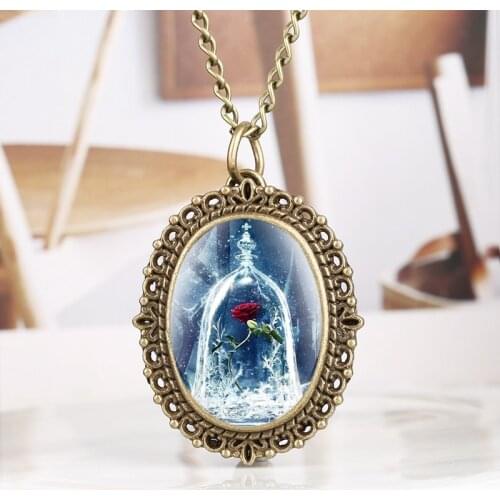 Beauty and the Beast Red Rose in a Glass Dome Quartz Pocket Watch with 80cm Necklace Pendant Romantic Souvenir Gift Collectibles