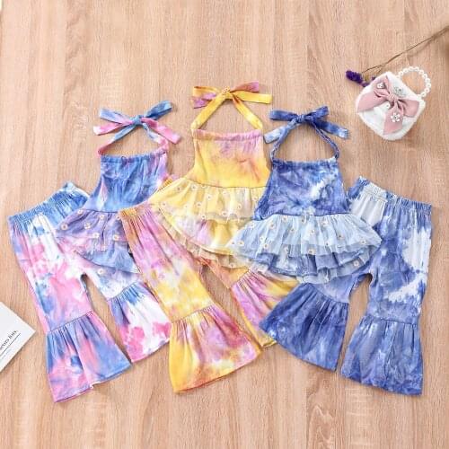 Children Baby Girls Summer 3Pcs Tie-dye Clothes Set Sleeveless Backless Halter Tank Tops + Flared Trousers Infant Casual Outfits