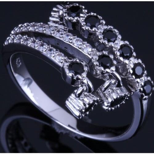 Delicate Drop Black Cubic Zirconia White CZ Silver Plated Ring V0680
