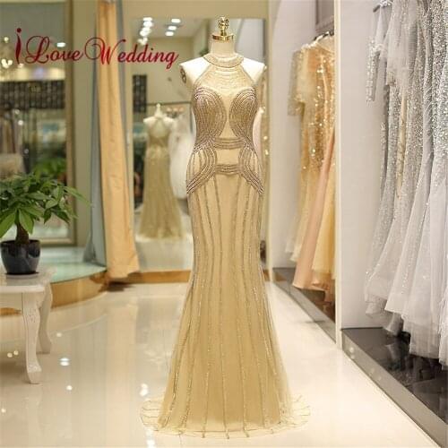 New Arrival Abiye Dubai Formal Gown Sexy Halter Gold Sequined Beading Open Back Zipper Custom made Trumpet Long Evening Dresses