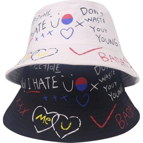 Bucket-Hats Women Heart Graffiti Letter Printed Sunscreen Fisherman Cat Cotton Fashion Harajuku Fishing Hat 2021 New