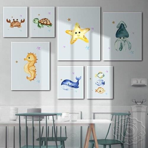 Child Poster Fish Seahorses Starfish Marine Animal Nursery Canvas Art Print Education Wall Picture Painting Baby Kids Room Decor