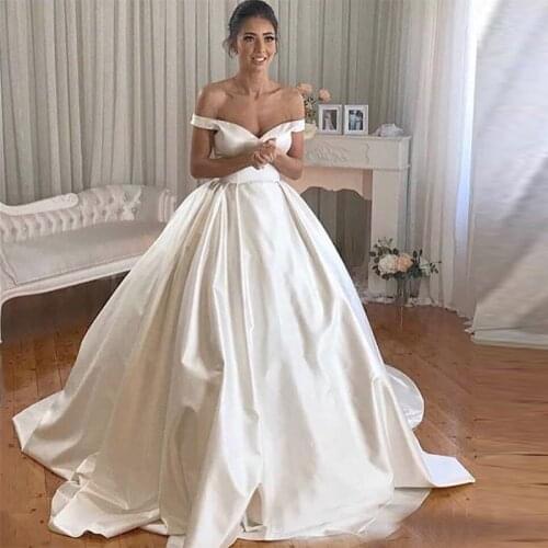 2019 Sexy V Neck A Line Wedding Dresses Off The Shoulder Simple Satin Backless Bridal Wedding Gowns Vestido de Noiva