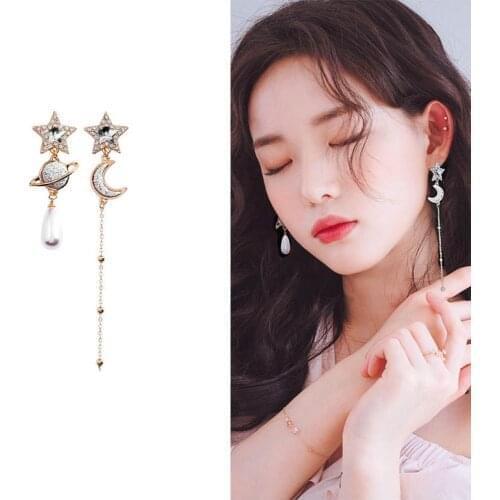 Imitation Water Drop Pearls Silver Color Rhinestone Long Moon Star Planet Clip Earrings No Pierced Ears For Women
