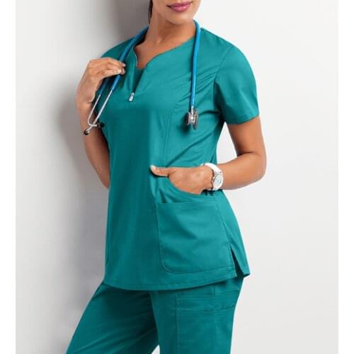 Women Short Sleeve Beauty Medical Uniform V-neck Scrubs Tops Spa Pet Uniform Health Workers Working Scrub Tops Nursing Uniform