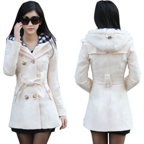 Women Autumn Winter Woolen Jacket 2021 New Female Double Breasted Belt Coat Ladies Hooded Fashion Wool Overcoat Women Coats C