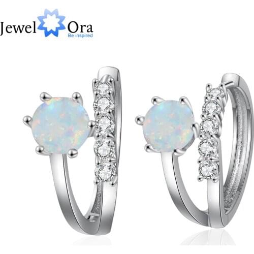 JewelOra Exquisite Silver Color Created White Opal Hoop Earrings for Women Fashion Wedding Earrings with Cubic Zirconia Jewelry
