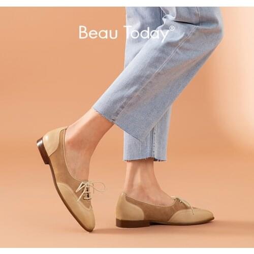 BeauToday Shallow Flats Women Calfskin Kid Suede Leather Wingtip Square Toe Lace Up Closure Ladies Casual Shoes Handmade 28068