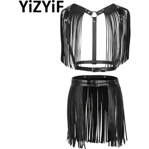 Womens Tassel Skirt Belt and Body Chest Harness Set Gothic Sexy PU Leather Nightclub Cosplay Costume