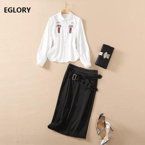 High Quality Skirt Suits 2021 Spring Summer 2 Piece Set Women Cute Animal Patterns White Shirts+High Waist Black Pencil Skirt OL