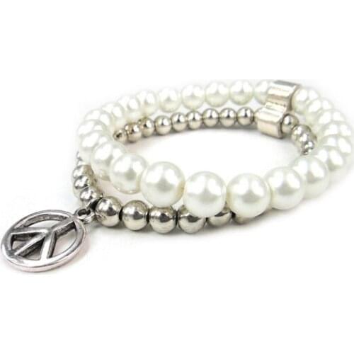 Alloy peace Charm and white pearl Beads women Stretch Bracelet