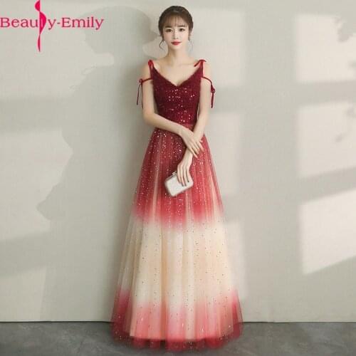 Beauty Emily Long Tulle Evening Dress 2020 Sexy Spaghetti Strap V Neck Formal Dress Charming Lace Up Back Sequined Beaded Dress