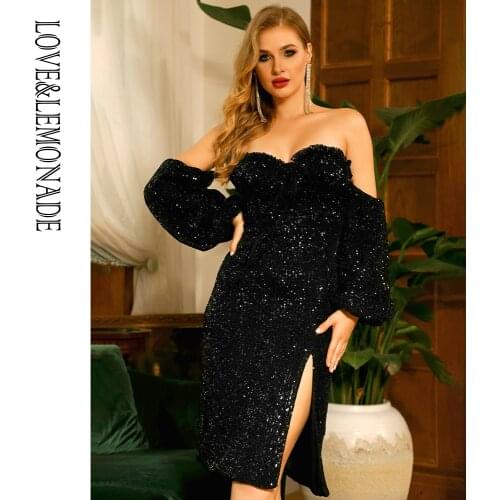 LOVE&LEMONADE Sexy Tube Top Lantern Long Sleeve Whit Split Bodycon Black Sequin Midi Dress LM82997