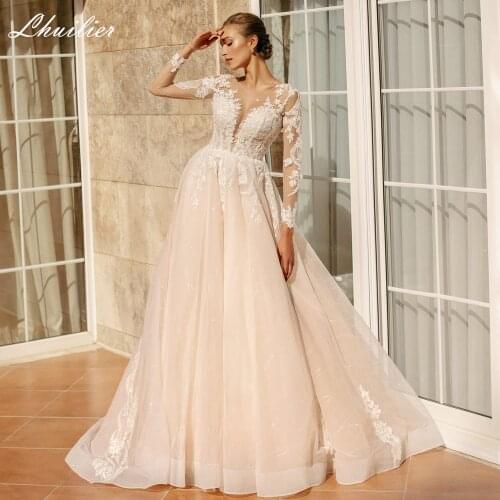 Lhuilier Womens A Line Scoop Neck Illusion Lace Wedding Dresses Floor Length Full Sleeves Court Train Tulle Bridal Gowns