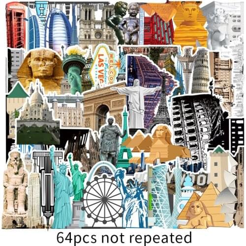 10/64PCSPcs Landmark Building Stamp Stickers Toys Decals For Suitcase Laptop Luggage Water Bottle Phone Multiple Stamp Styles
