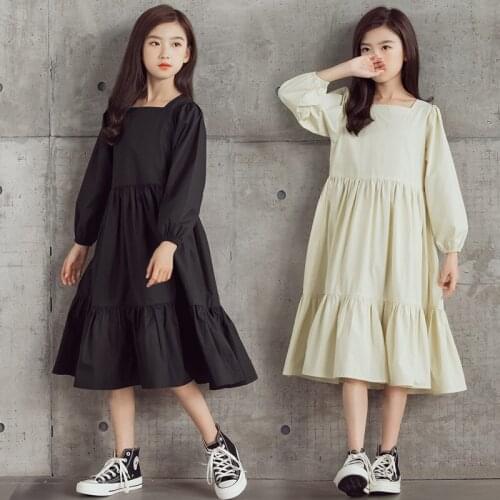 2021 Girl Dress Elegant Spring Autumn Black Kids Dresses for Girls Long Sleeve Princess Costume Cotton Children Clothing 6-16Y