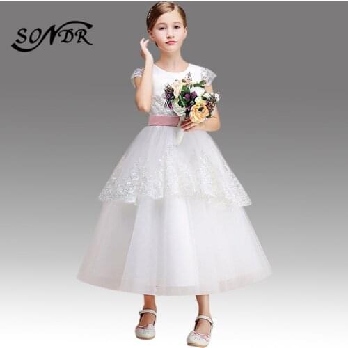 White Flower Girl Dresses For Weddings HT122 Elegant Bow Lace Flower Girls Dresses Long Little Girls Pageant Ball Gowns